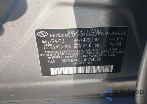 2013 Hyundai Sonata Gls из США, поврежденный, VIN 5NPEB4AC2DH754395